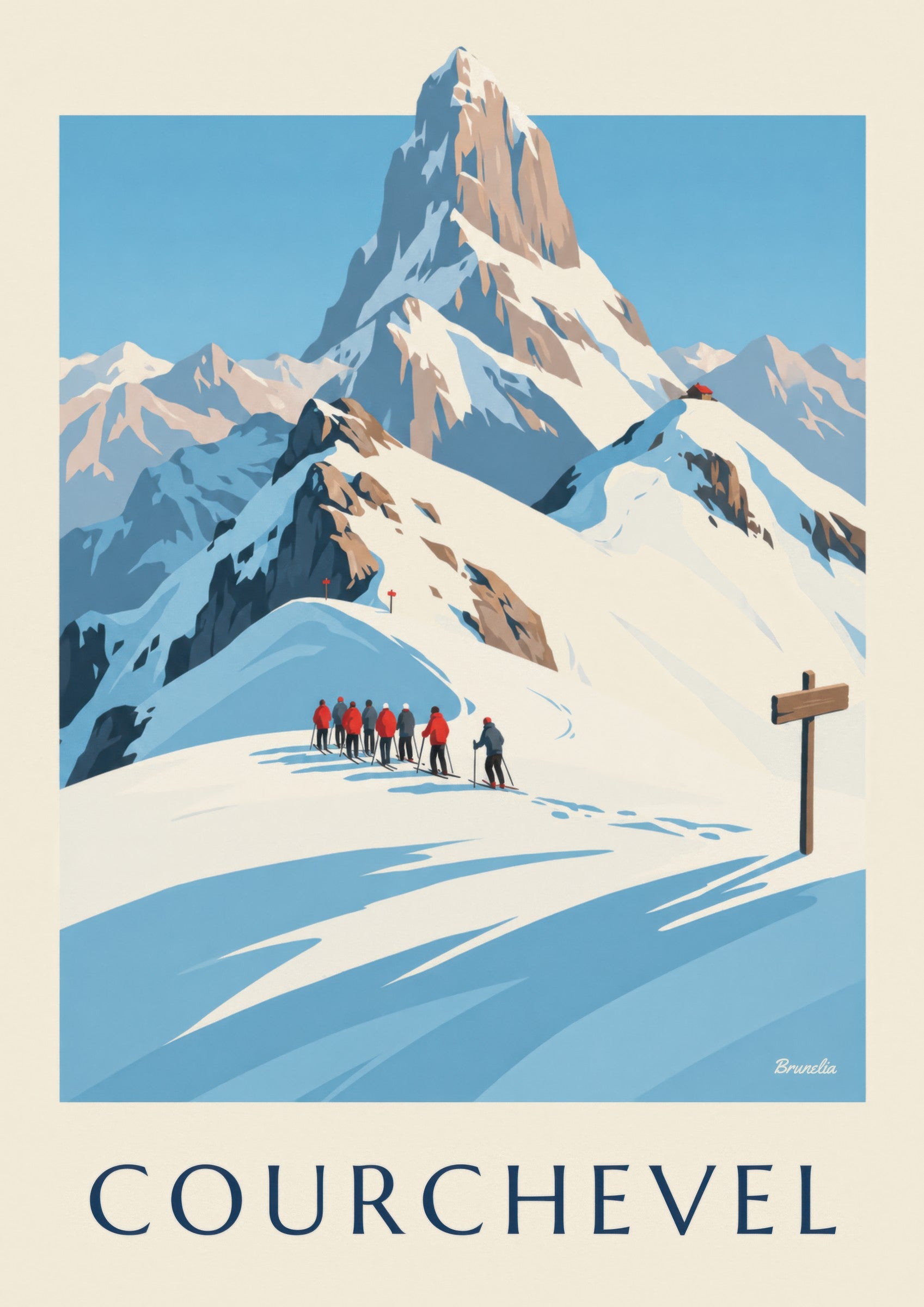 Póster de Courchevel con esquiadores frente a la Vanoise: detalle en primer plano