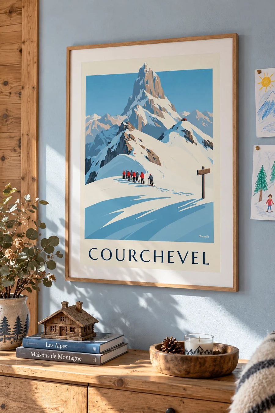 Póster de Courchevel con esquiadores frente a la Vanoise : enmarcado en la pared