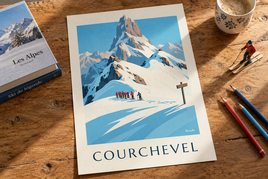 Póster de Courchevel con esquiadores frente a la Vanoise : apoyado sobre una mesa