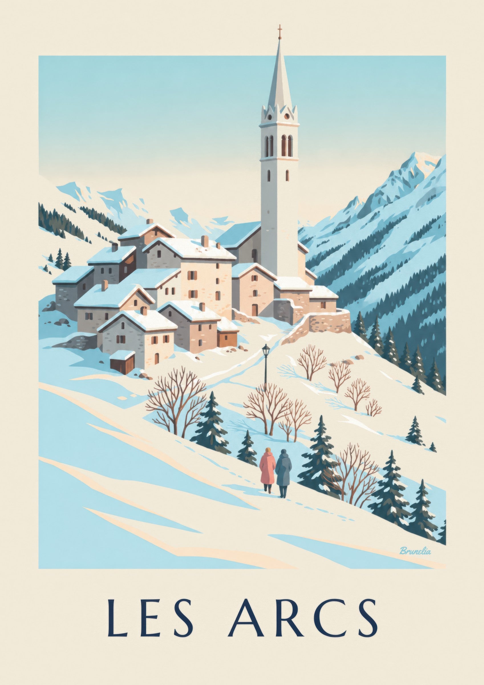 Póster de Les Arcs con Villaroger bajo la nieve: detalle en primer plano