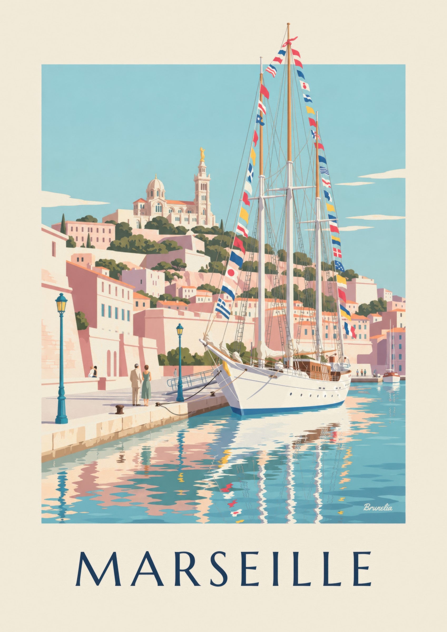 Affiche grand voilier au port de Marseille: detalle en primer plano