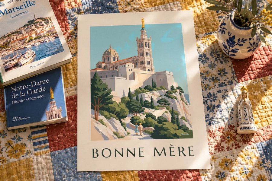 Póster de la basílica de Notre-Dame-de-la-Garde : apoyado sobre una mesa