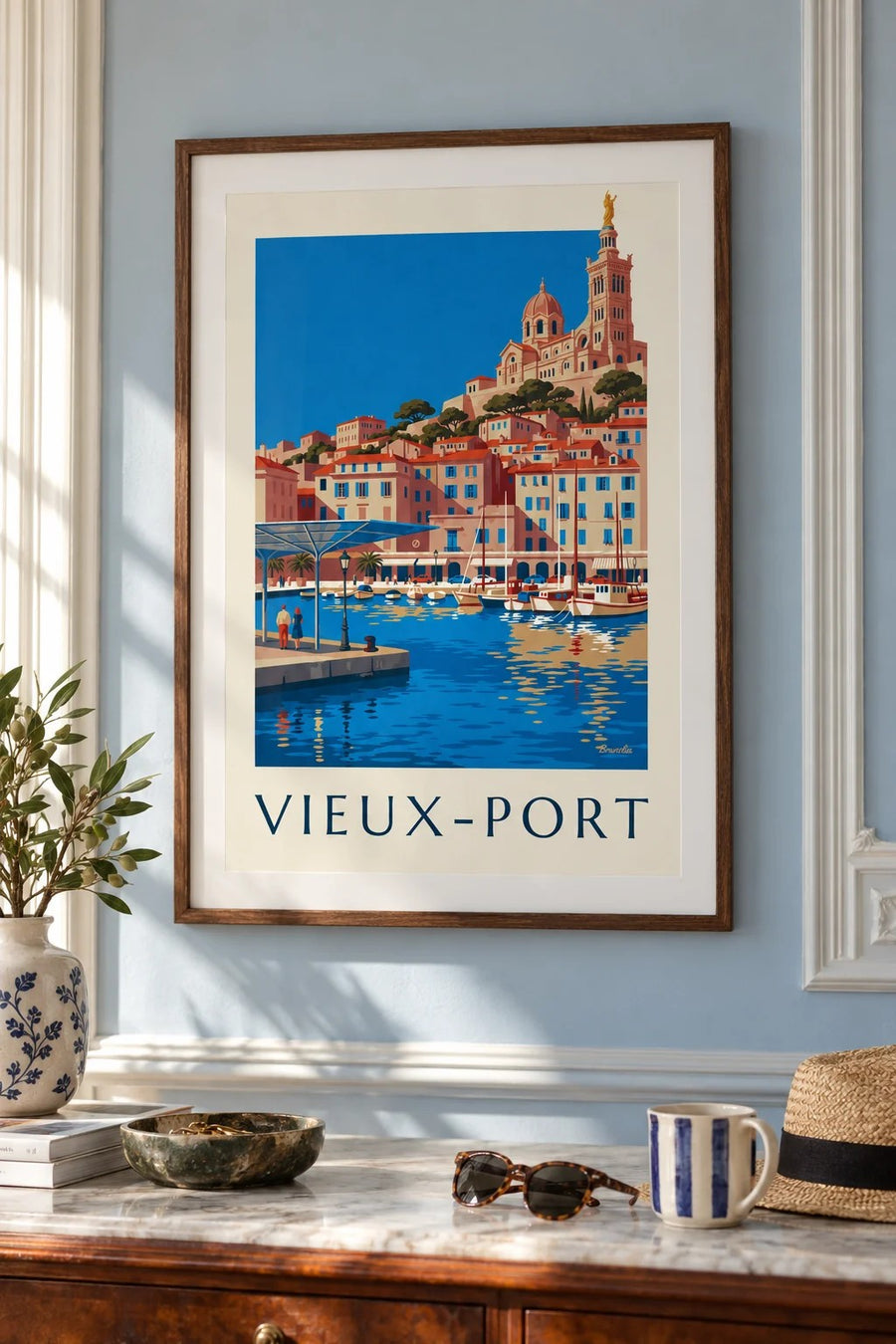 Póster de la marquesina espejada del Puerto Viejo de Marsella : enmarcado en la pared