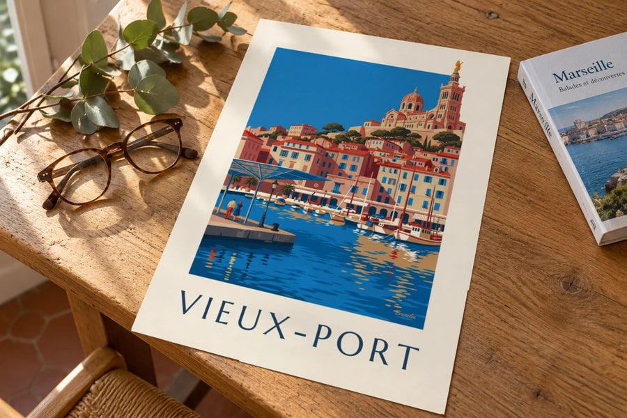Póster de la marquesina espejada del Puerto Viejo de Marsella : apoyado sobre una mesa