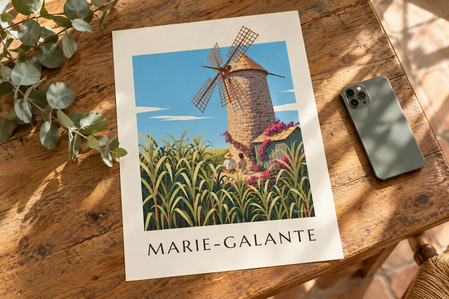 Póster de Guadalupe, molino de Bézard en Marie-Galante : apoyado sobre una mesa