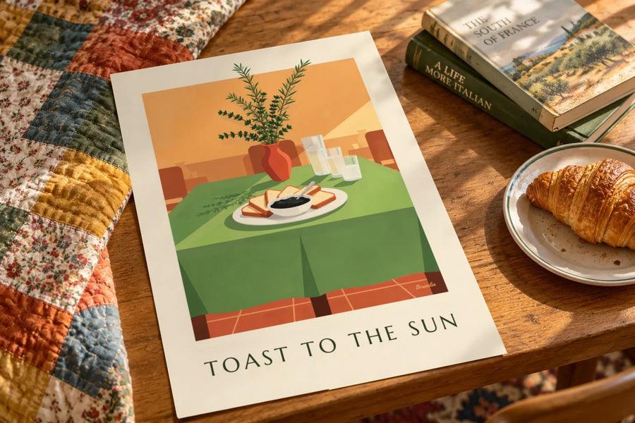 Affiche tapenade noire et toasts pour l'apéritif : posée sur une table