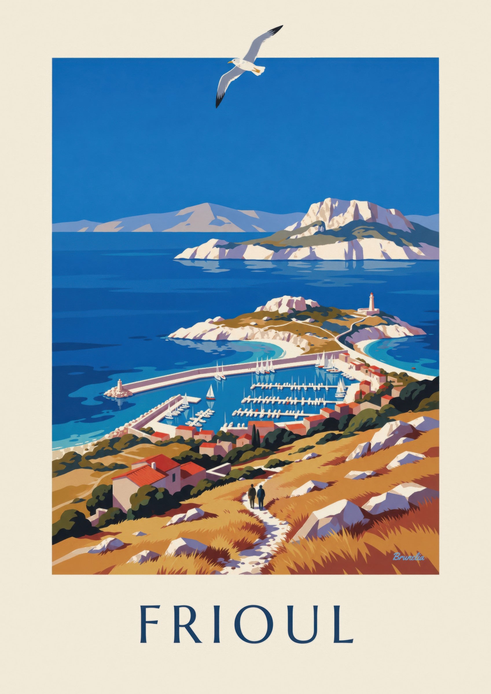 Affiche port des îles du Frioul à Marseille: detalle en primer plano
