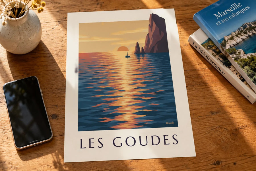 Póster de una puesta de sol en Les Goudes : apoyado sobre una mesa