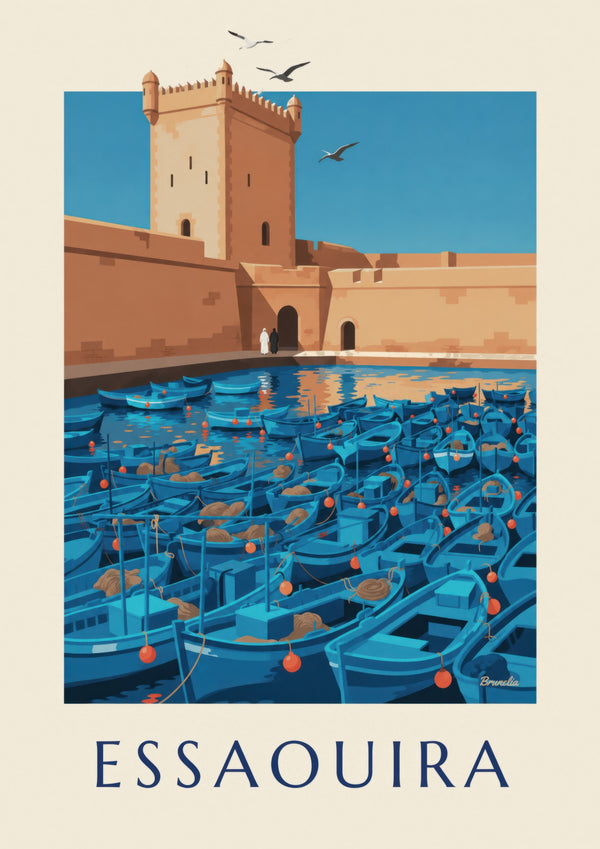Póster del puerto de Essaouira y la torre de la Skala