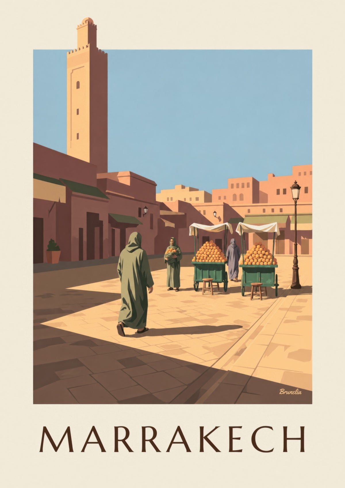 Póster de Jemaa el-Fna en Marrakech, puestos de naranjas