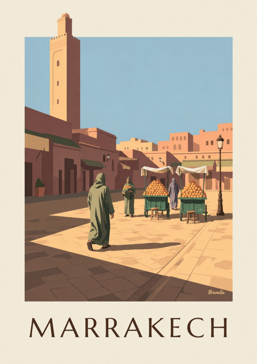 Póster de Jemaa el-Fna en Marrakech, puestos de naranjas