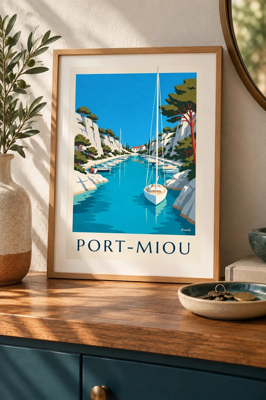 Affiche calanque de Port-Miou et voiliers : petit format A4 encadré