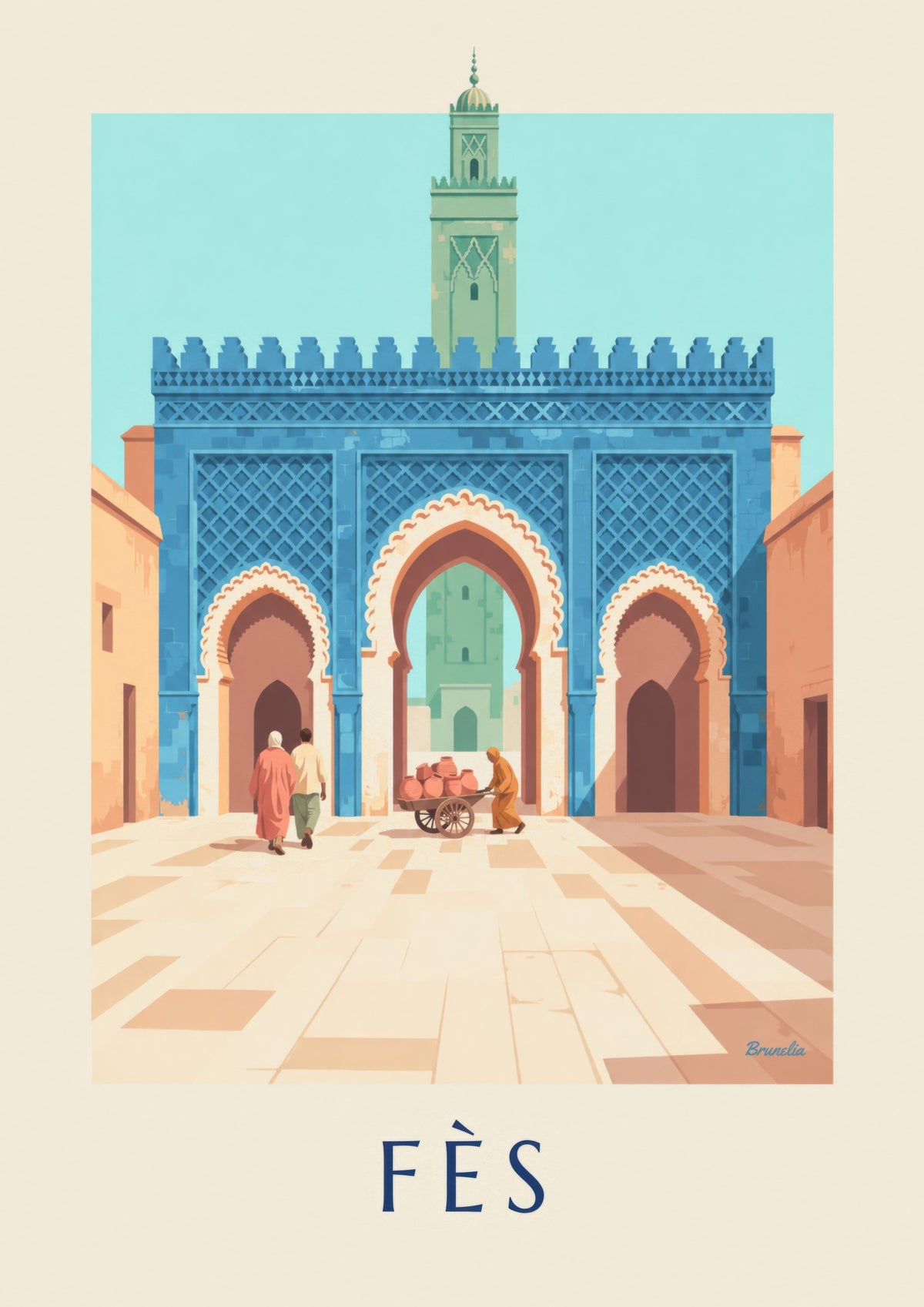 Cartel de Bab Bou Jeloud de Fez, con zellige azul