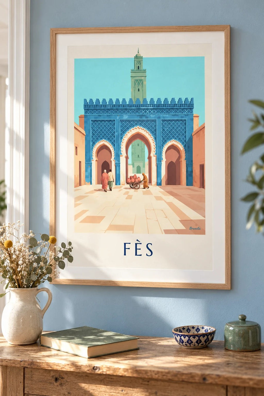 Cartel de Bab Bou Jeloud de Fez, con zellige azul : enmarcado en la pared