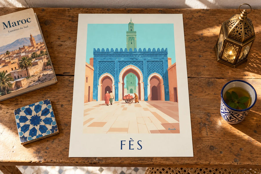 Cartel de Bab Bou Jeloud de Fez, con zellige azul : apoyado sobre una mesa