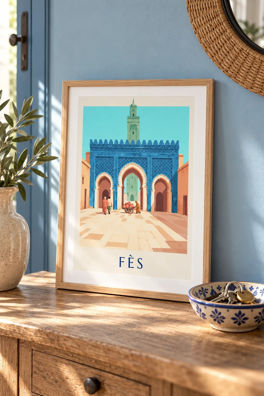 Cartel de Bab Bou Jeloud de Fez, con zellige azul : formato pequeño A4 enmarcado