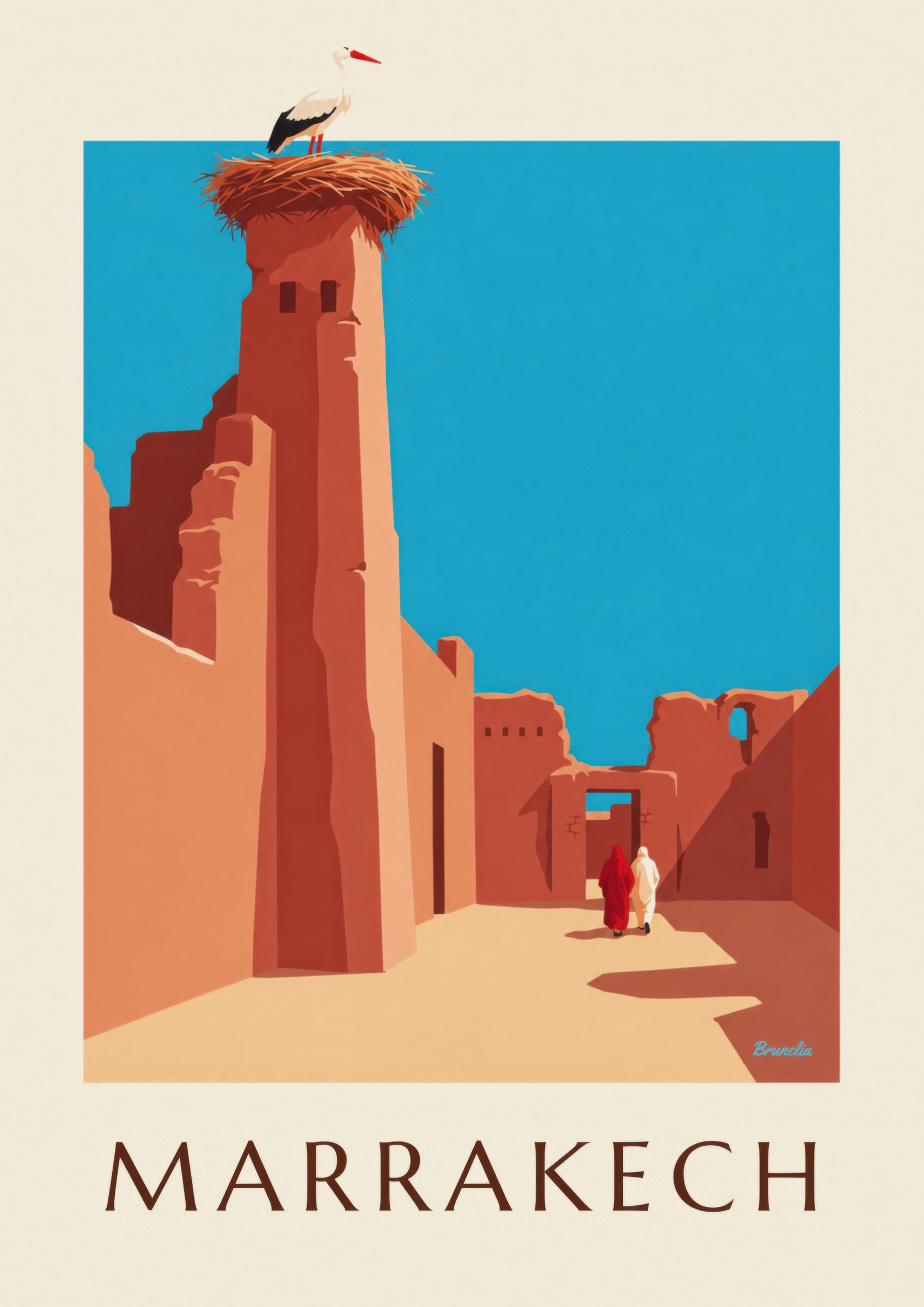 Affiche cigogne sur les remparts d’El Badi à Marrakech: detalle en primer plano