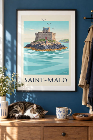 Póster del fuerte del Petit Bé en Saint-Malo : enmarcado en la pared