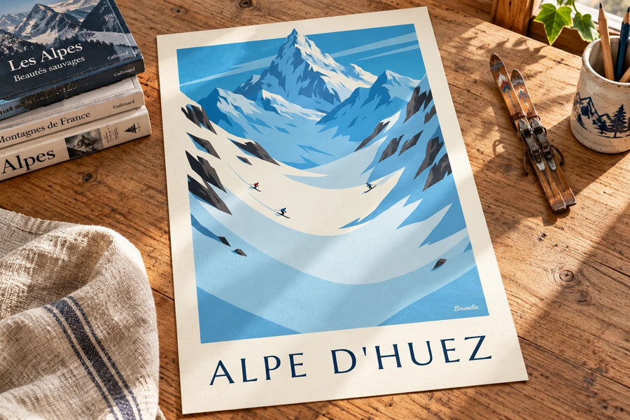 Póster de Alpe d'Huez, el glaciar de Sarenne y los Écrins : apoyado sobre una mesa