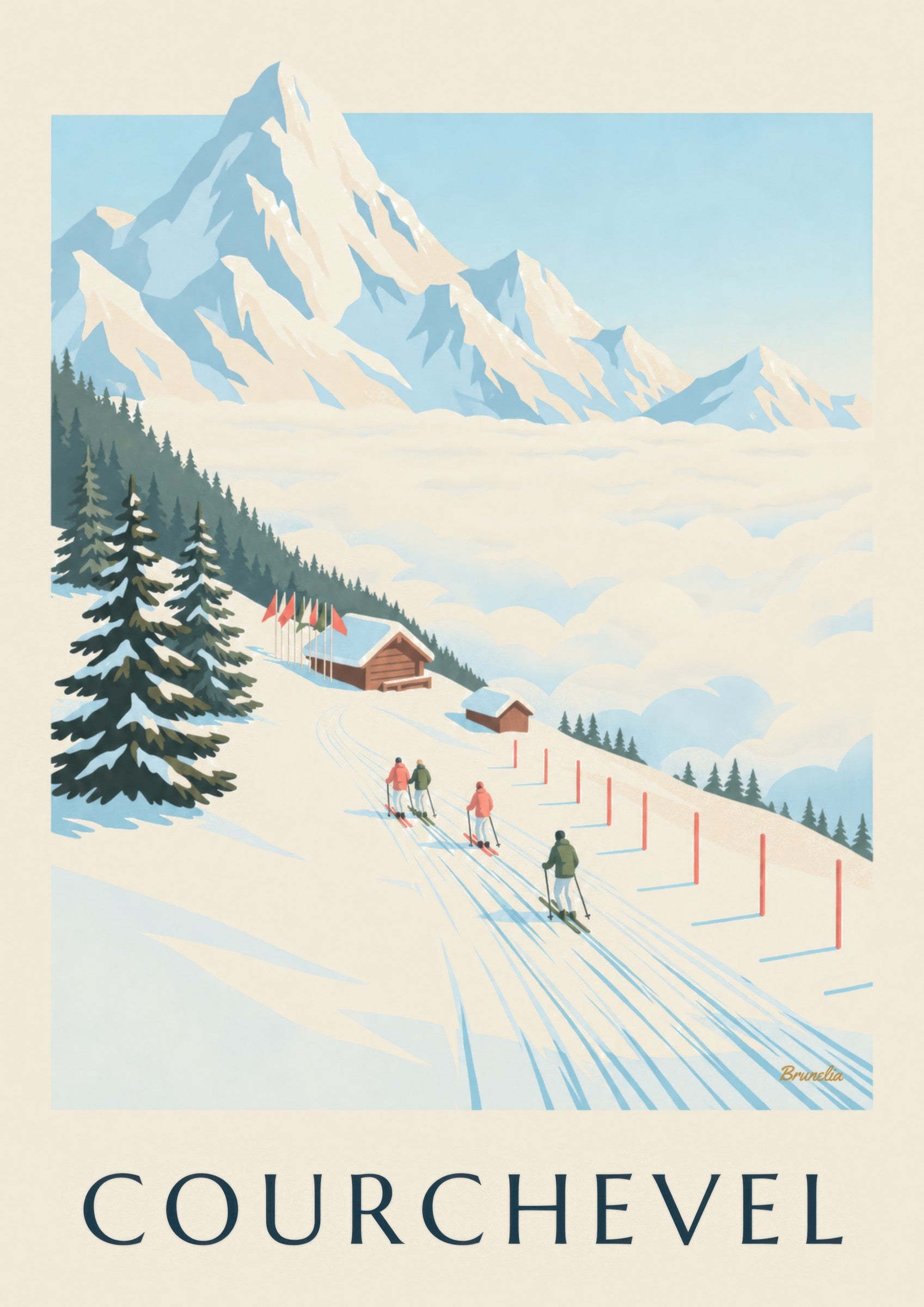 Affiche pistes de Courchevel face au Mont-Blanc: detalle en primer plano