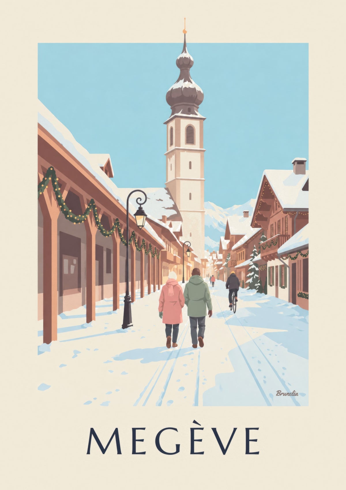 Póster de Megève, calle peatonal y campanario