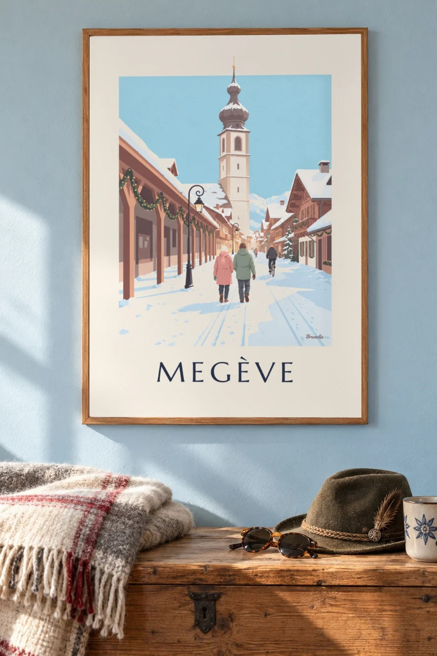 Póster de Megève, calle peatonal y campanario : enmarcado en la pared