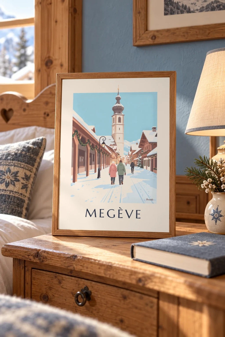 Póster de Megève, calle peatonal y campanario : formato pequeño A4 enmarcado