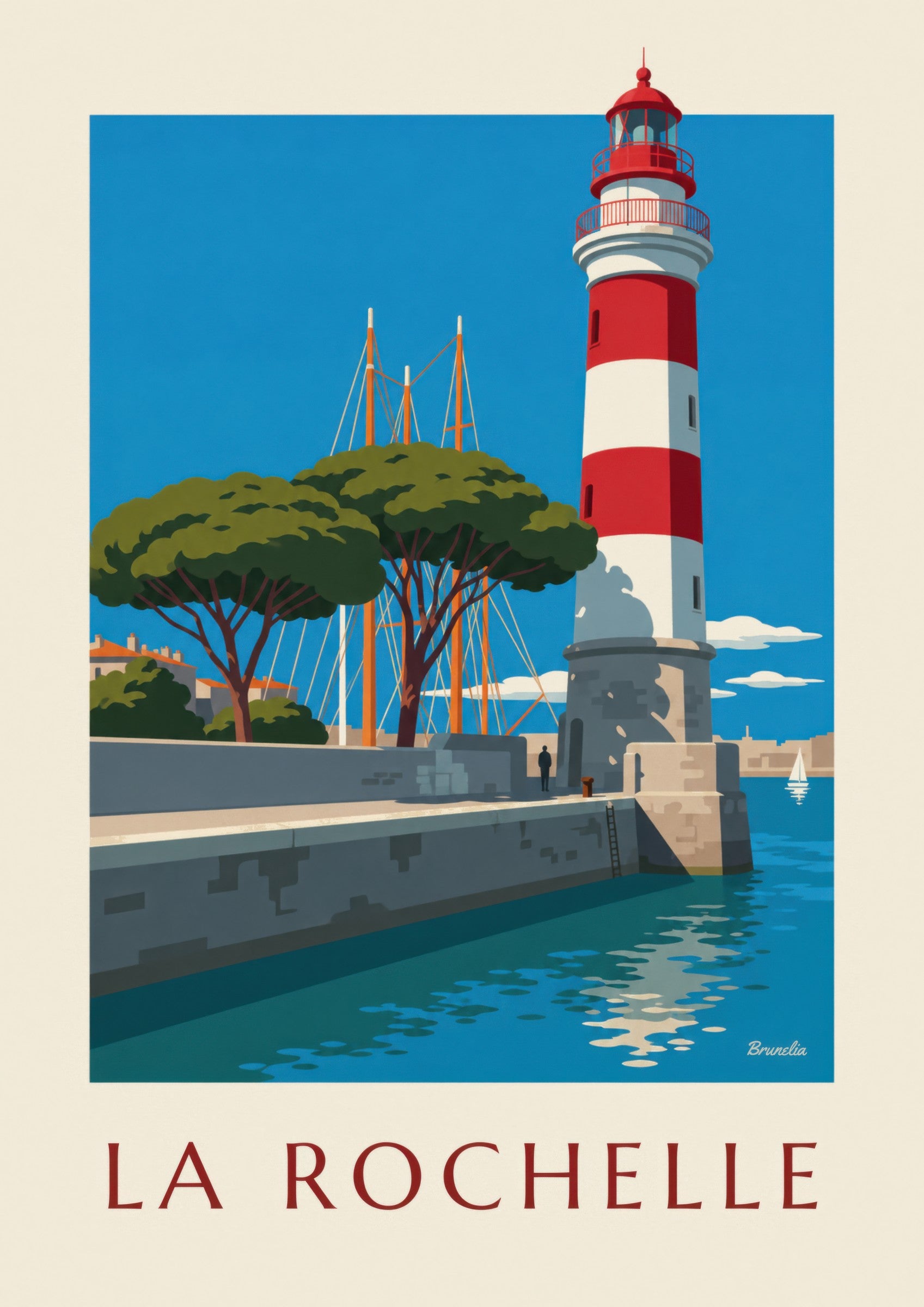 Affiche phare rouge et blanc du Gabut: detalle en primer plano