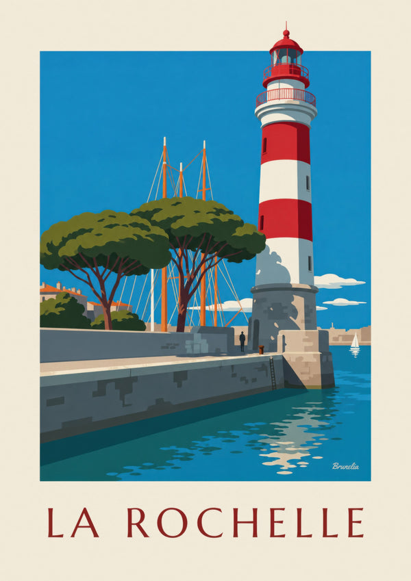 Póster del faro rojo y blanco de Le Gabut