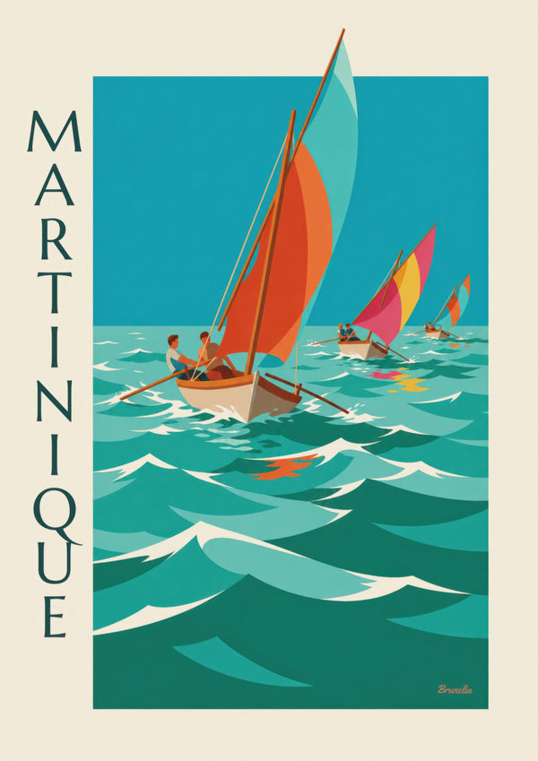 Póster de Martinica, regata de yolas con velas de colores