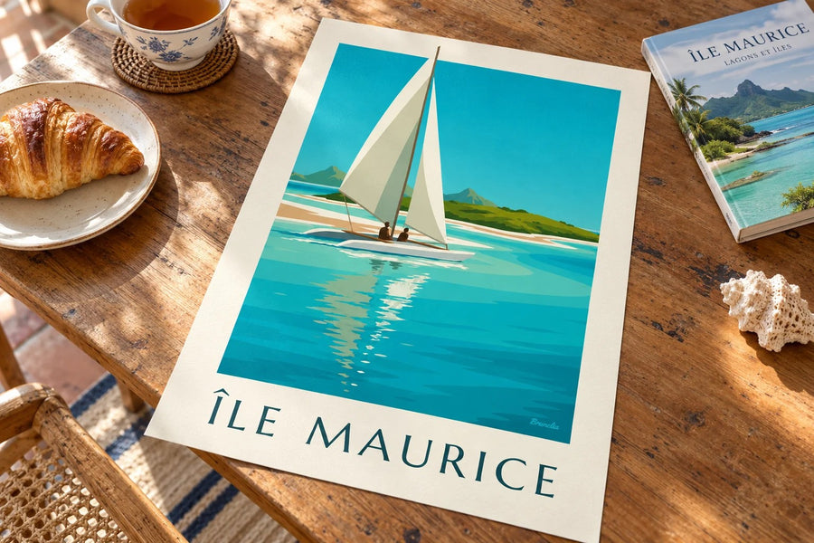 Affiche Île aux Cerfs et lagon turquoise (titre ÎLE MAURICE) : posée sur une table