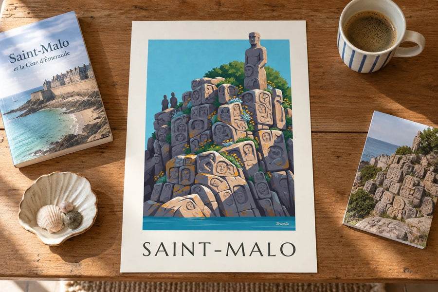 Póster de las rocas esculpidas de Rothéneuf en Saint-Malo : apoyado sobre una mesa