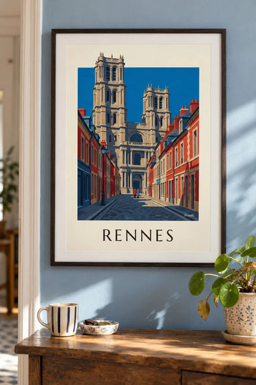 Póster de Rennes, la catedral de Saint-Pierre y sus torres : enmarcado en la pared