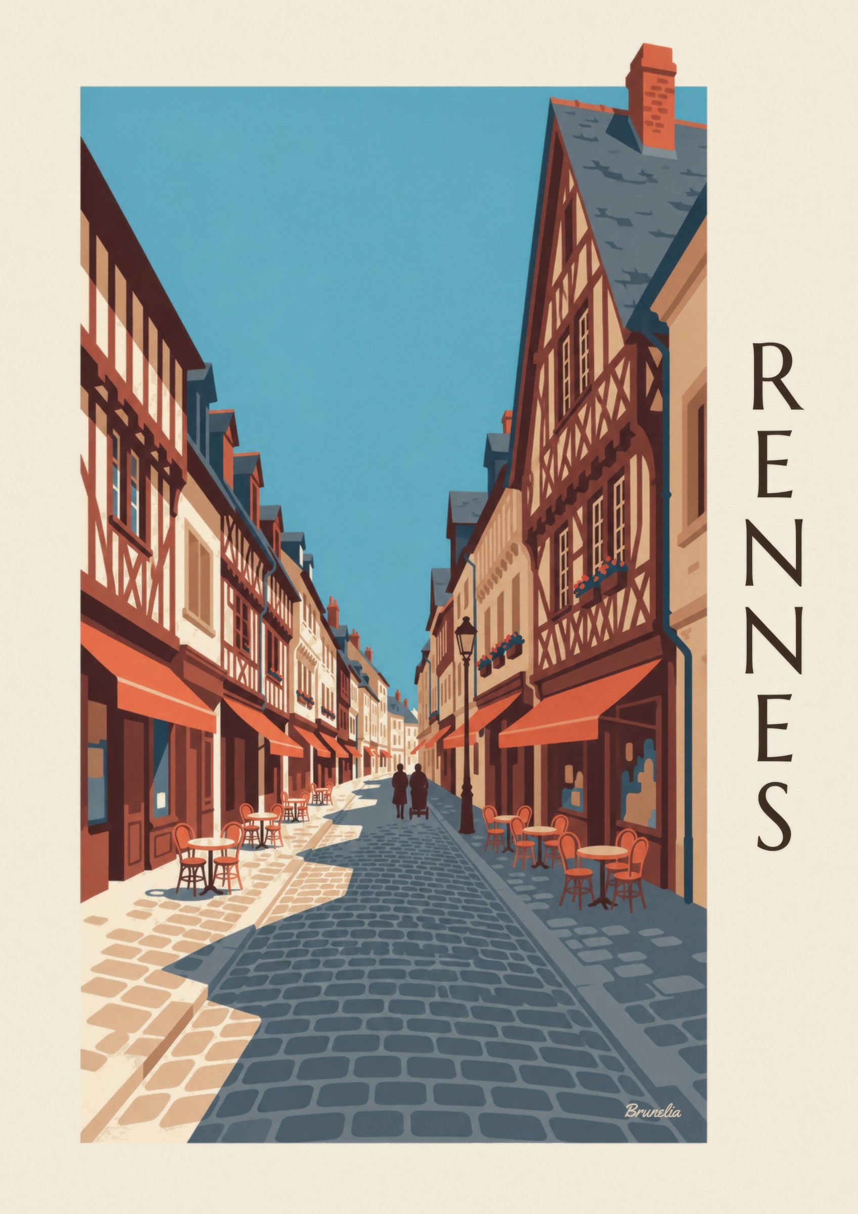 Affiche Rennes rue Saint-Georges et maisons à pans de bois: detalle en primer plano