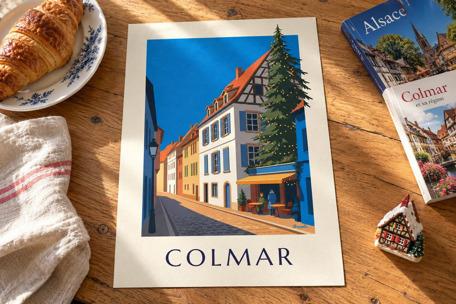Póster de Colmar iluminada en Navidad, barrio de la Pescadería : apoyado sobre una mesa