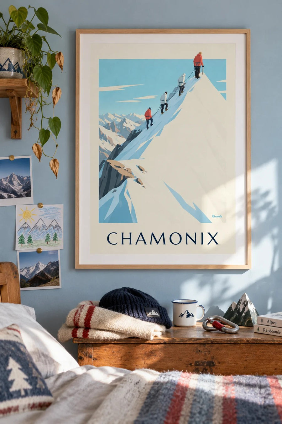 Póster de alpinistas en la cresta de la Aiguille du Midi : enmarcado en la pared