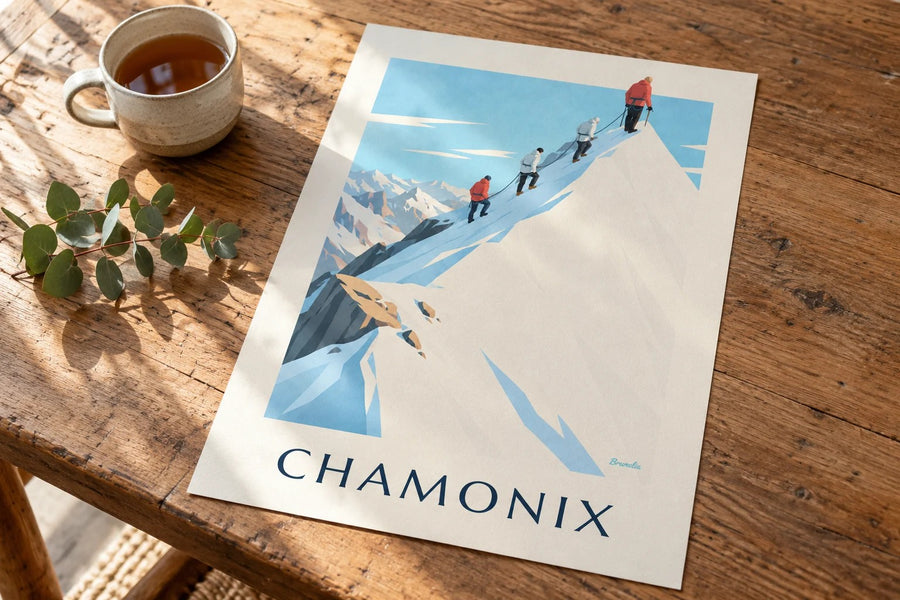 Póster de alpinistas en la cresta de la Aiguille du Midi : apoyado sobre una mesa