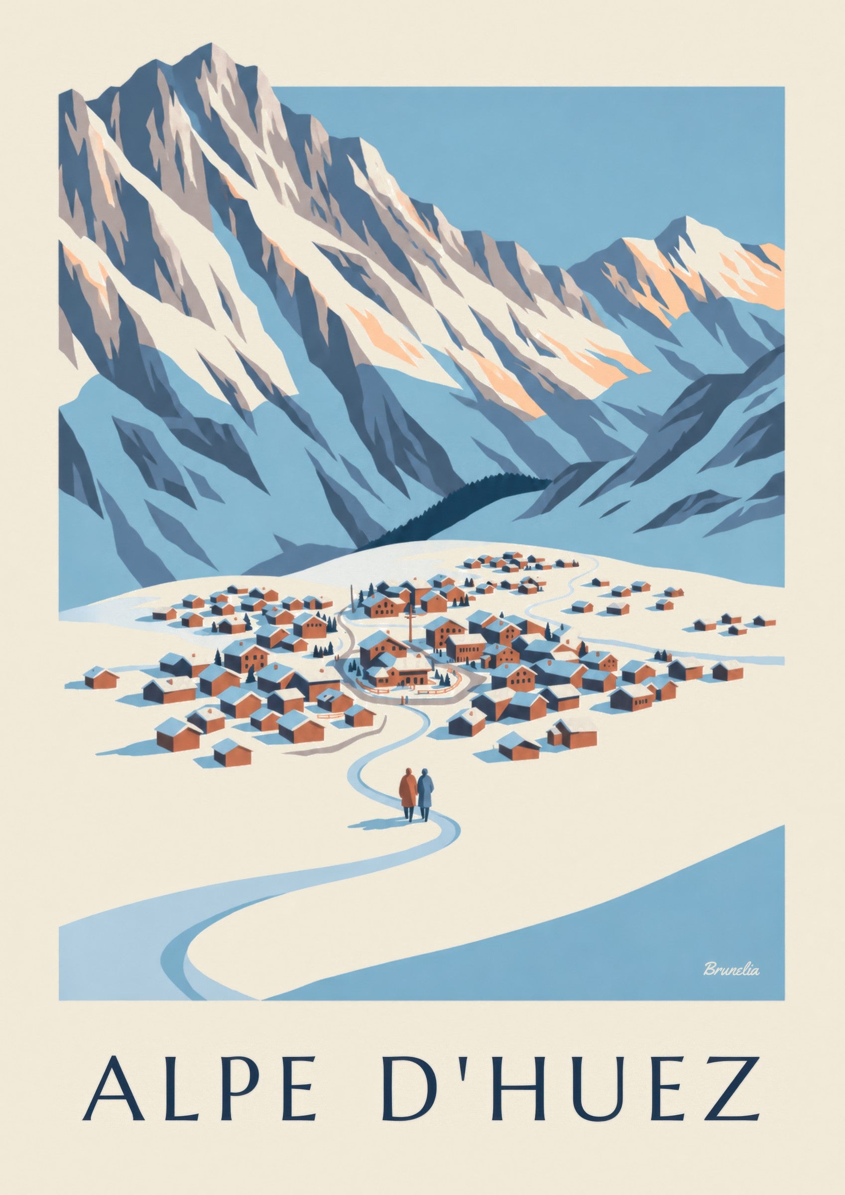 Póster de Alpe d'Huez vista desde el Pic Blanc en invierno: detalle en primer plano