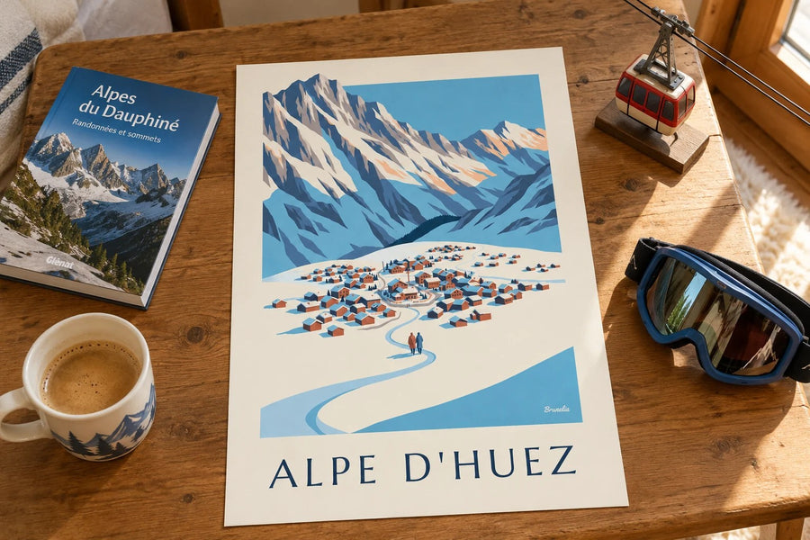 Póster de Alpe d'Huez vista desde el Pic Blanc en invierno : apoyado sobre una mesa
