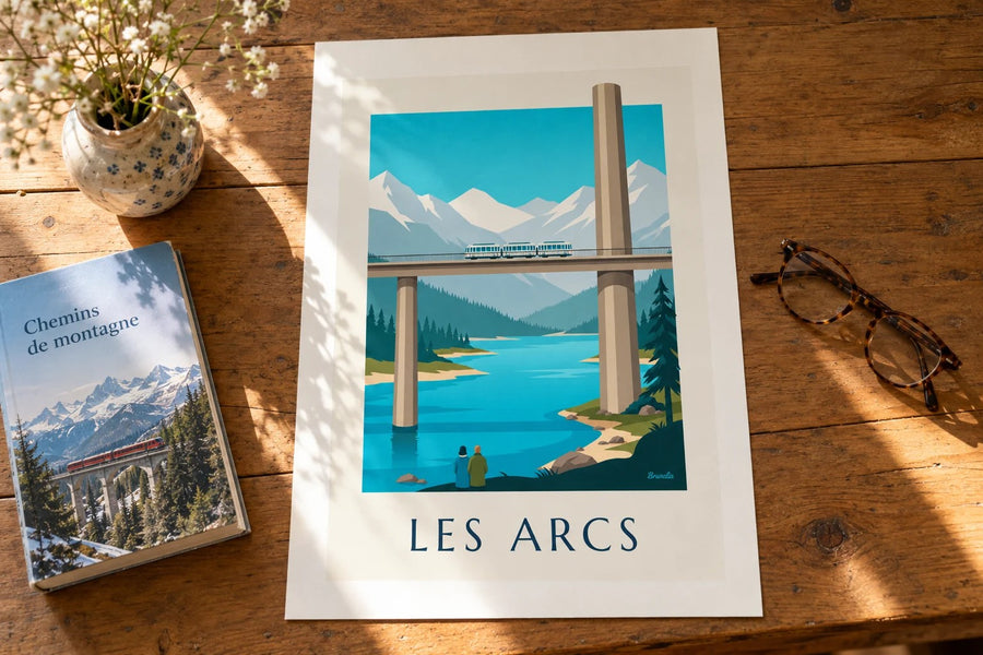 Póster de Les Arcs, funicular sobre viaducto : apoyado sobre una mesa