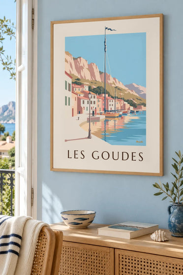 Póster del puerto de Les Goudes al atardecer : enmarcado en la pared