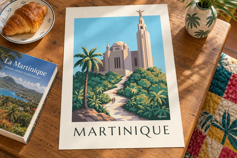 Póster de Martinica, iglesia del Sagrado Corazón de Balata : apoyado sobre una mesa
