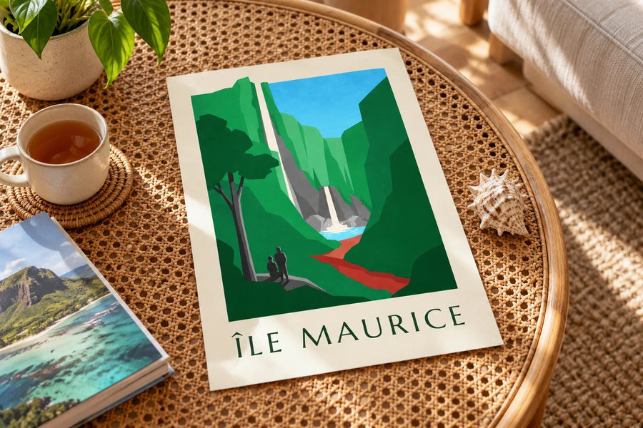 Póster de Isla Mauricio, cascada de Chamarel (título ISLA MAURICIO) : apoyado sobre una mesa