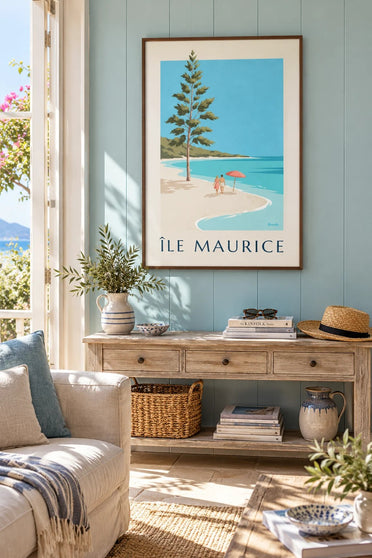 Póster Isla Mauricio, playa de Blue Bay (título ISLA MAURICIO) : enmarcado en la pared