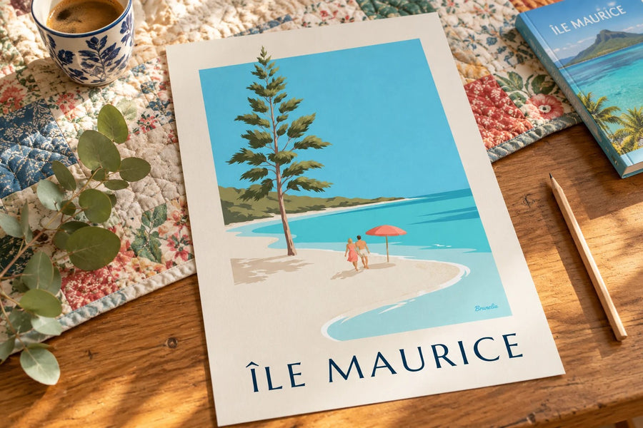 Póster Isla Mauricio, playa de Blue Bay (título ISLA MAURICIO) : apoyado sobre una mesa