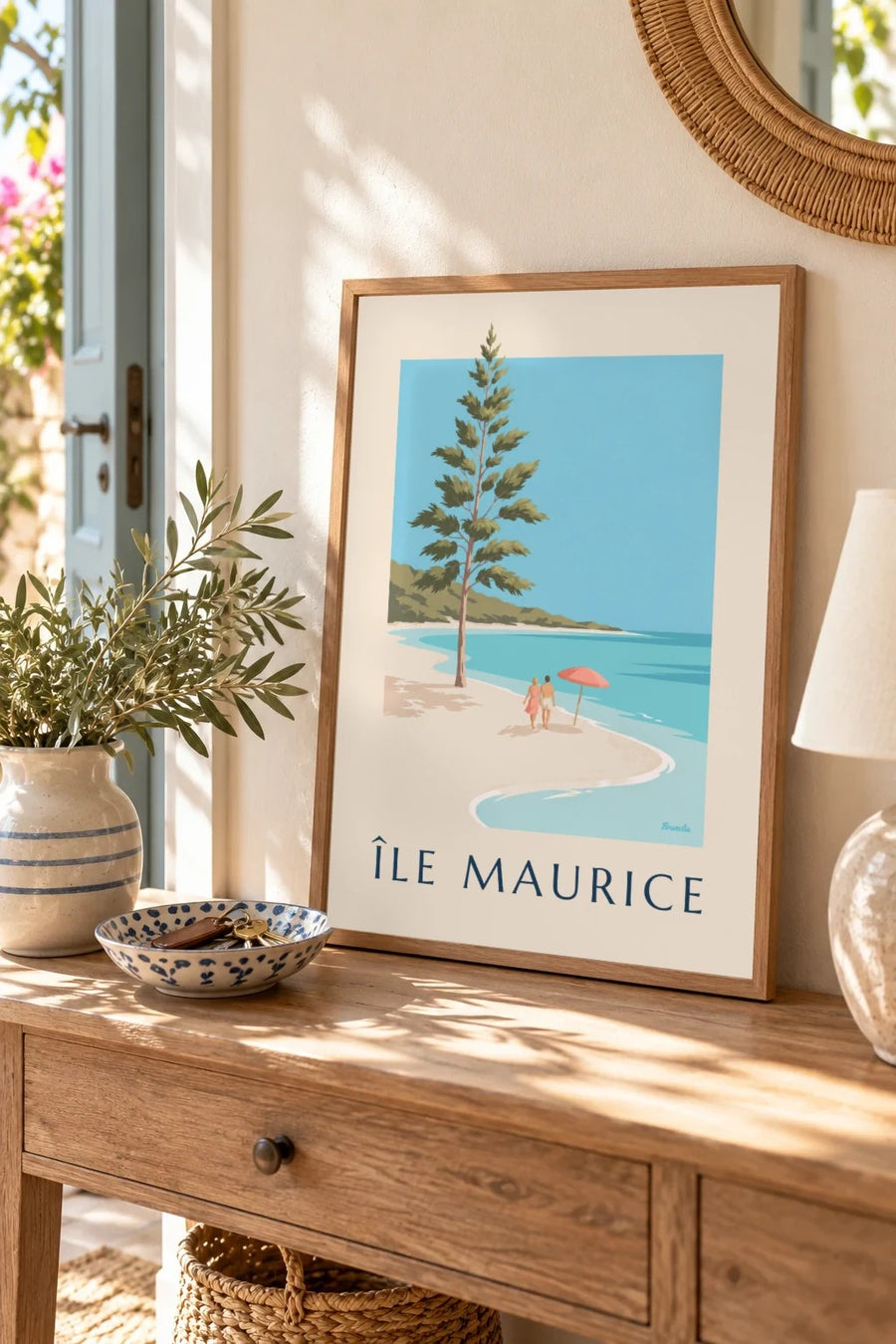 Póster Isla Mauricio, playa de Blue Bay (título ISLA MAURICIO) : formato pequeño A4 enmarcado