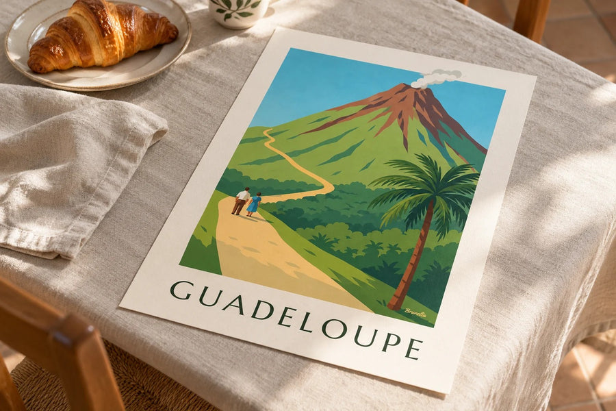 Póster de Guadalupe, volcán de La Soufrière : apoyado sobre una mesa