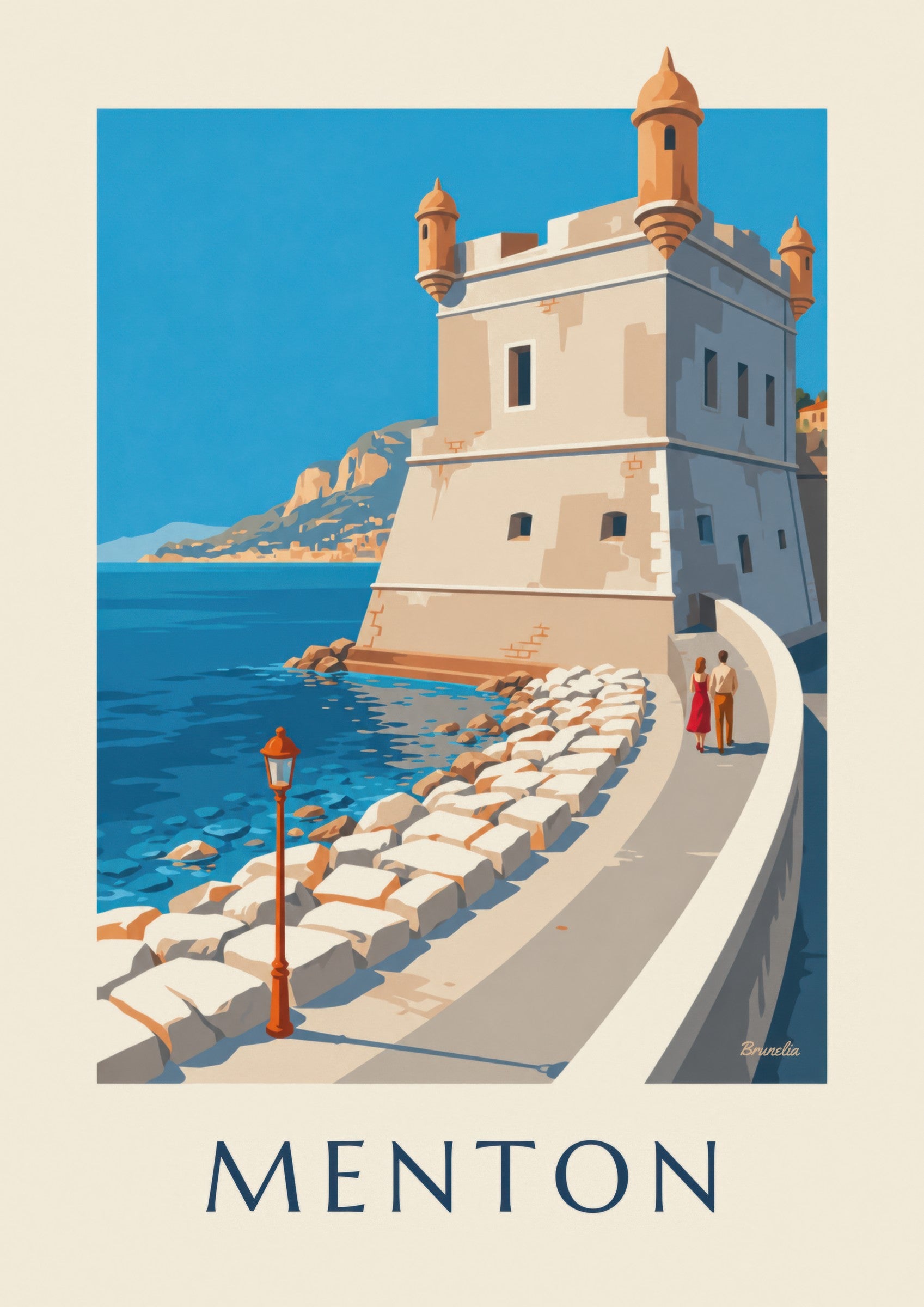 Póster del Bastión del antiguo puerto de Menton junto al mar: detalle en primer plano