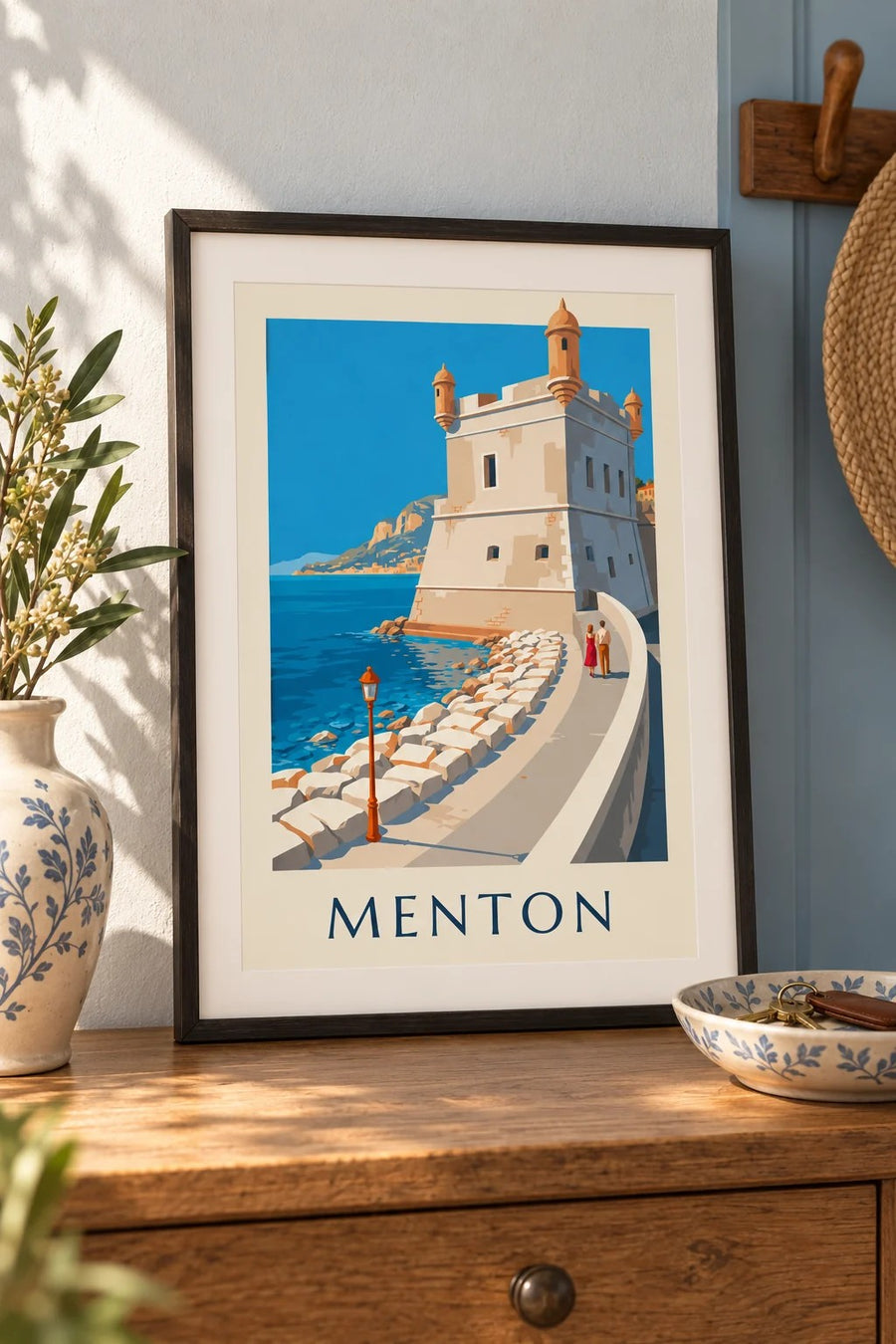 Póster del Bastión del antiguo puerto de Menton junto al mar : formato pequeño A4 enmarcado