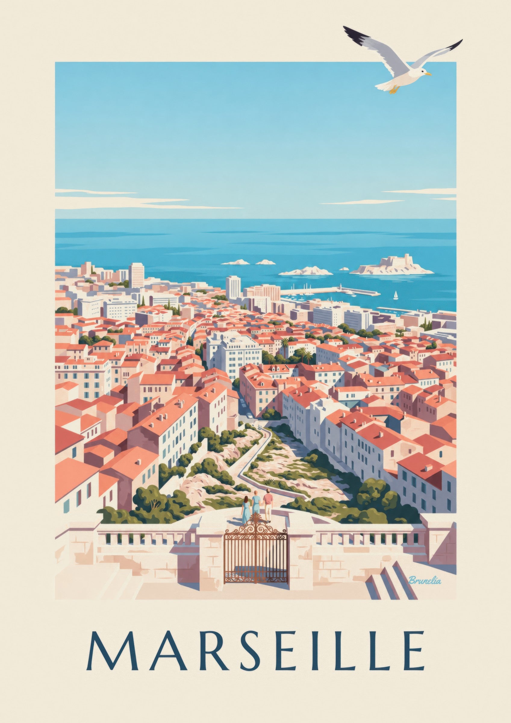 Póster con vistas de Marsella desde Notre-Dame-de-la-Garde: detalle en primer plano